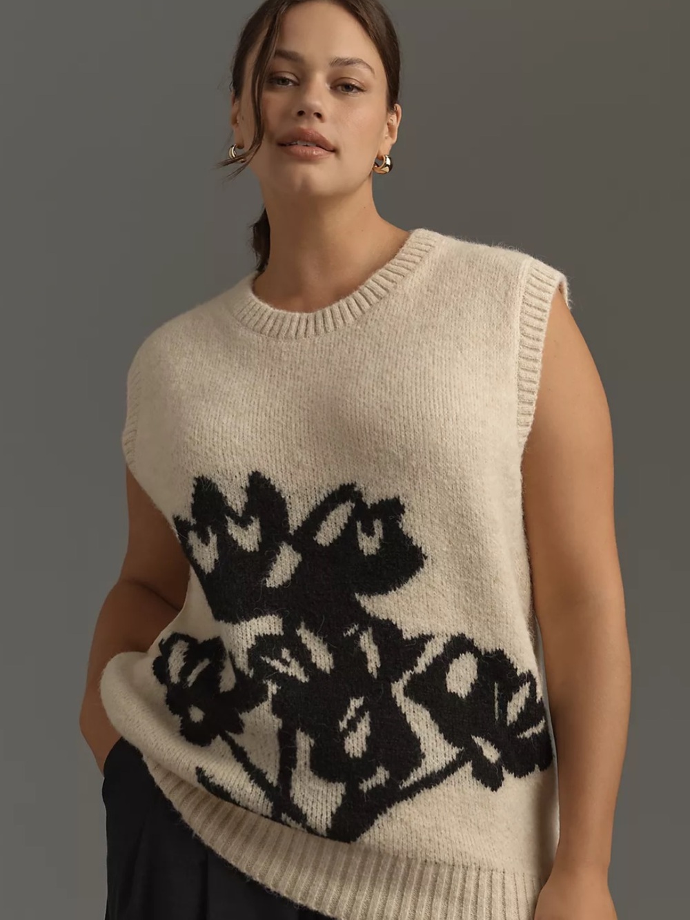 NWT Anthropologie Maeve Cream Sweater Vest with Black Floral Design Size 1X